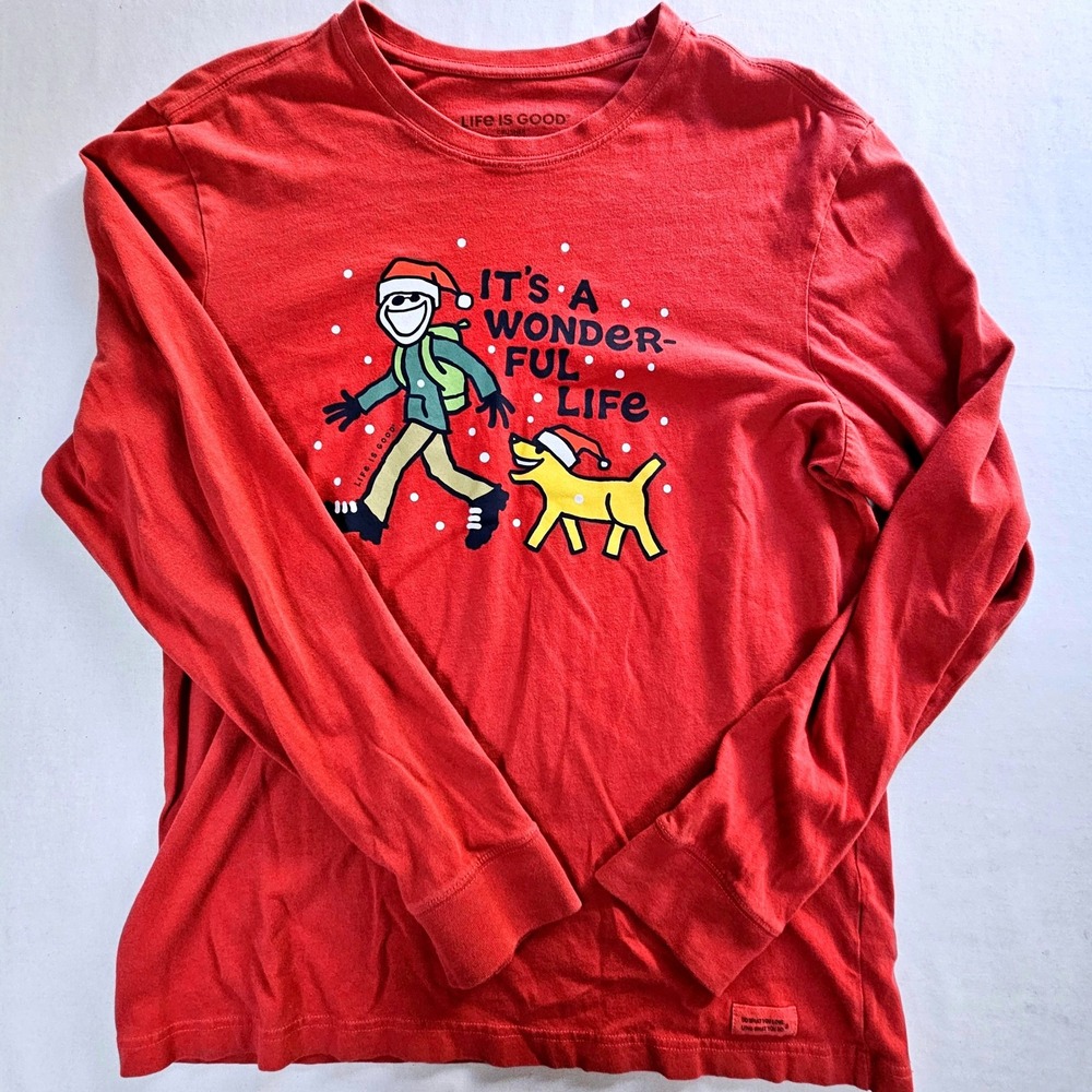 Life is Good Mens Crusher Long Sleeve Shirt Red Christmas Graphic Tee Medium